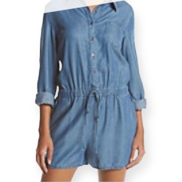 CHELSEA & THEODORE Chambray Denim Utility Button-top Tie Waist Romper Size L - Picture 2 of 11